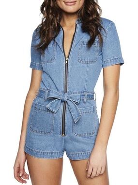 Bardot Denim Short Sleeve Zip-Front Romper in Light Blue Sz US30